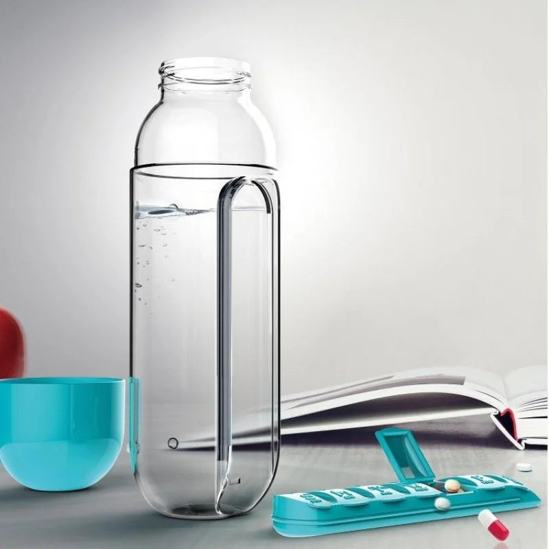 Medicine Box Water Bottle BPA-free with built-in multi-compartment pill organizer for daily hydration and medication management