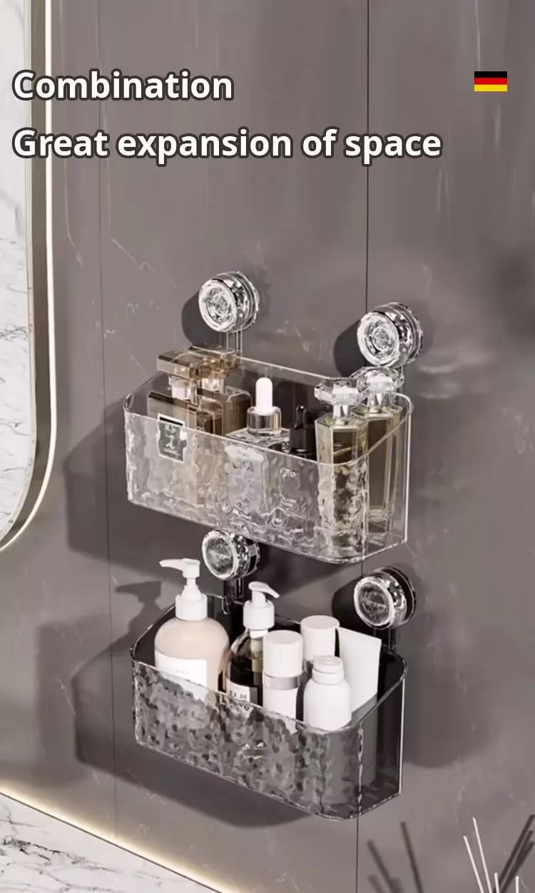 Luxury Corrugated Suction Cup Shelf mounted on bathroom tile with no drilling required for clean modern storage