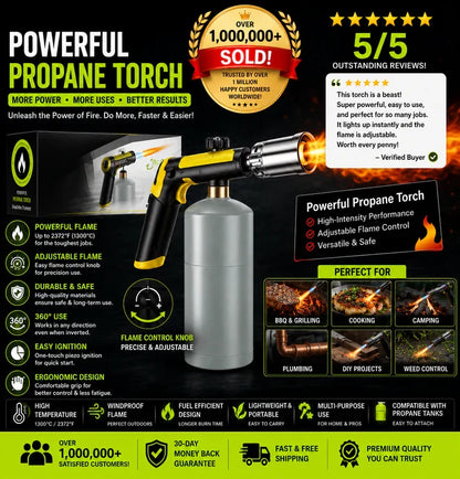 Propane Torch — One-Touch Max Fire, Safety Lock, Adjustable Flame | BBQ, Searing, Fireplace